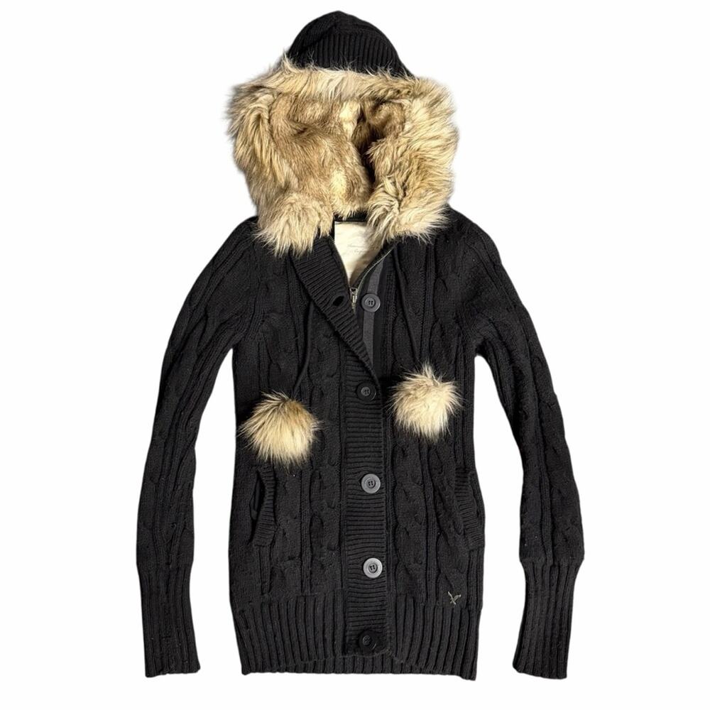 Y2K American Eagle Coquette Cable Knit Fur Hood Pom Pom Sweater Size XS